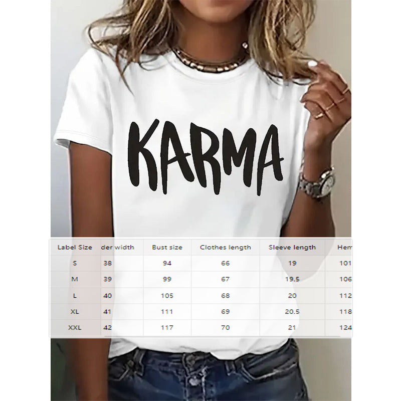Women's Short Sleeve Round Neck T-Shirt Summer Casual Top With 'KARMA' Print