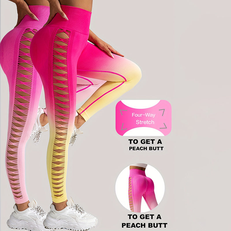 2 Pack Cut Out Ombre Gradient Color Hollow High-waist Butt-lifting Fitness Women's Yoga Pants, Women's High Waist Yoga Pants Cutout Ripped Super Soft And Comfortable Skinny