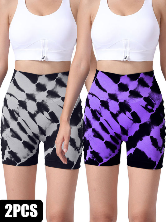 2 Pack Us Local Women's Side Cut-Out Tie-Dye Seamless Hip Lift High Waist Sports Fitness Yoga Shorts