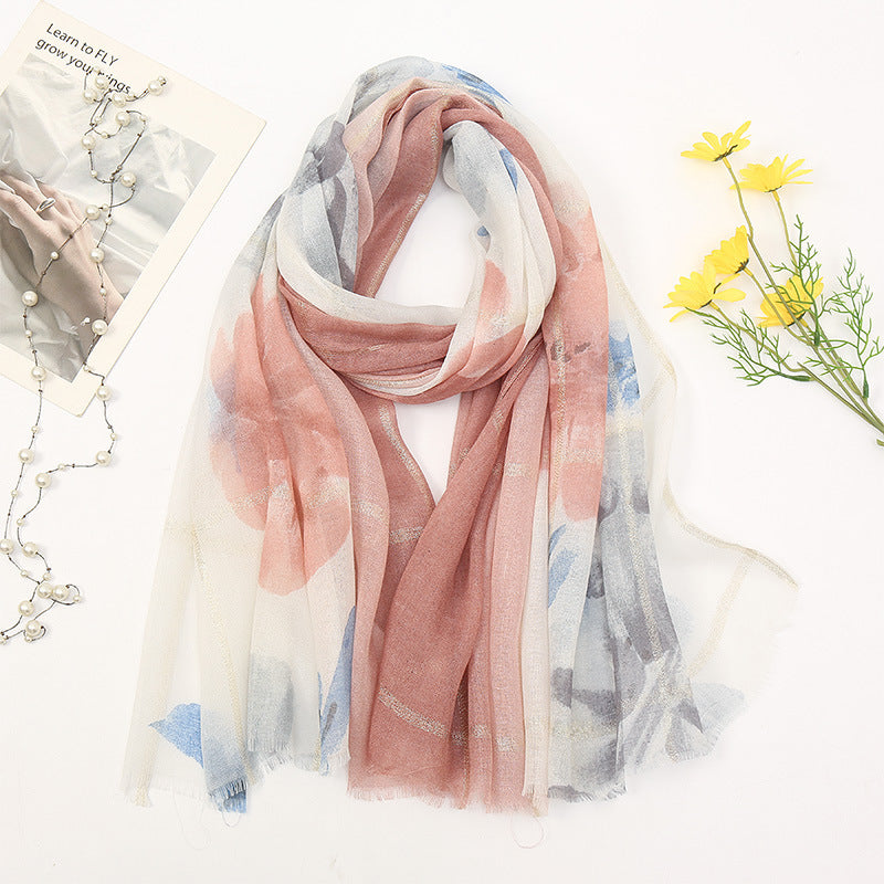 Women's Cotton And Linen Fleece Trimmed Printed Scarf