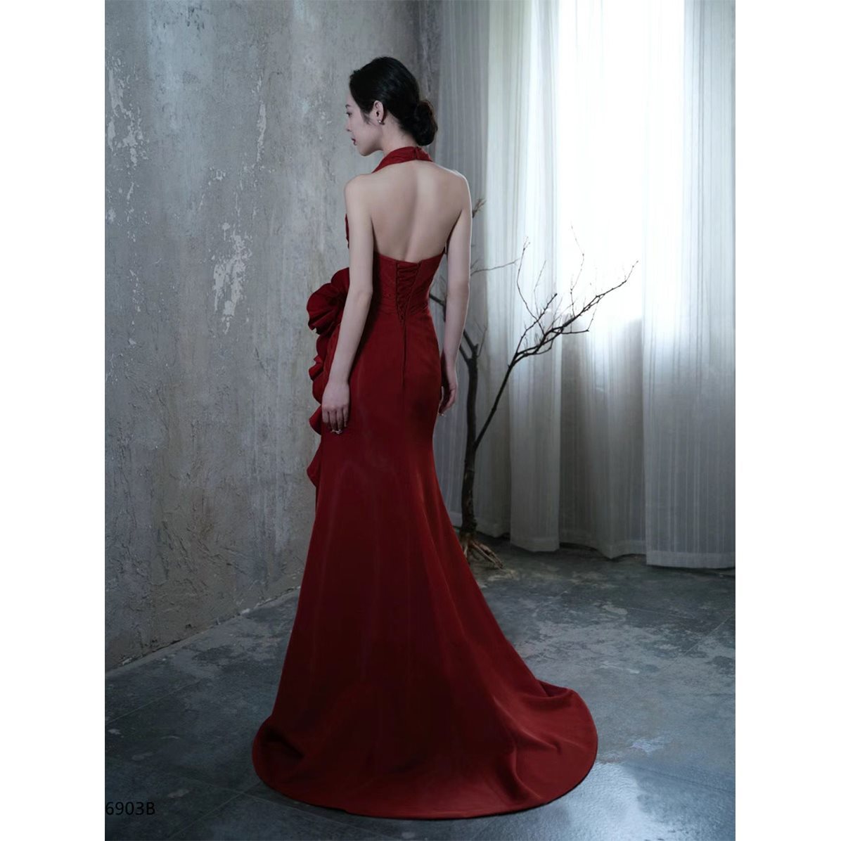 Socialite Style Wine Red Elegant Halter Bride Wedding Toast Dress