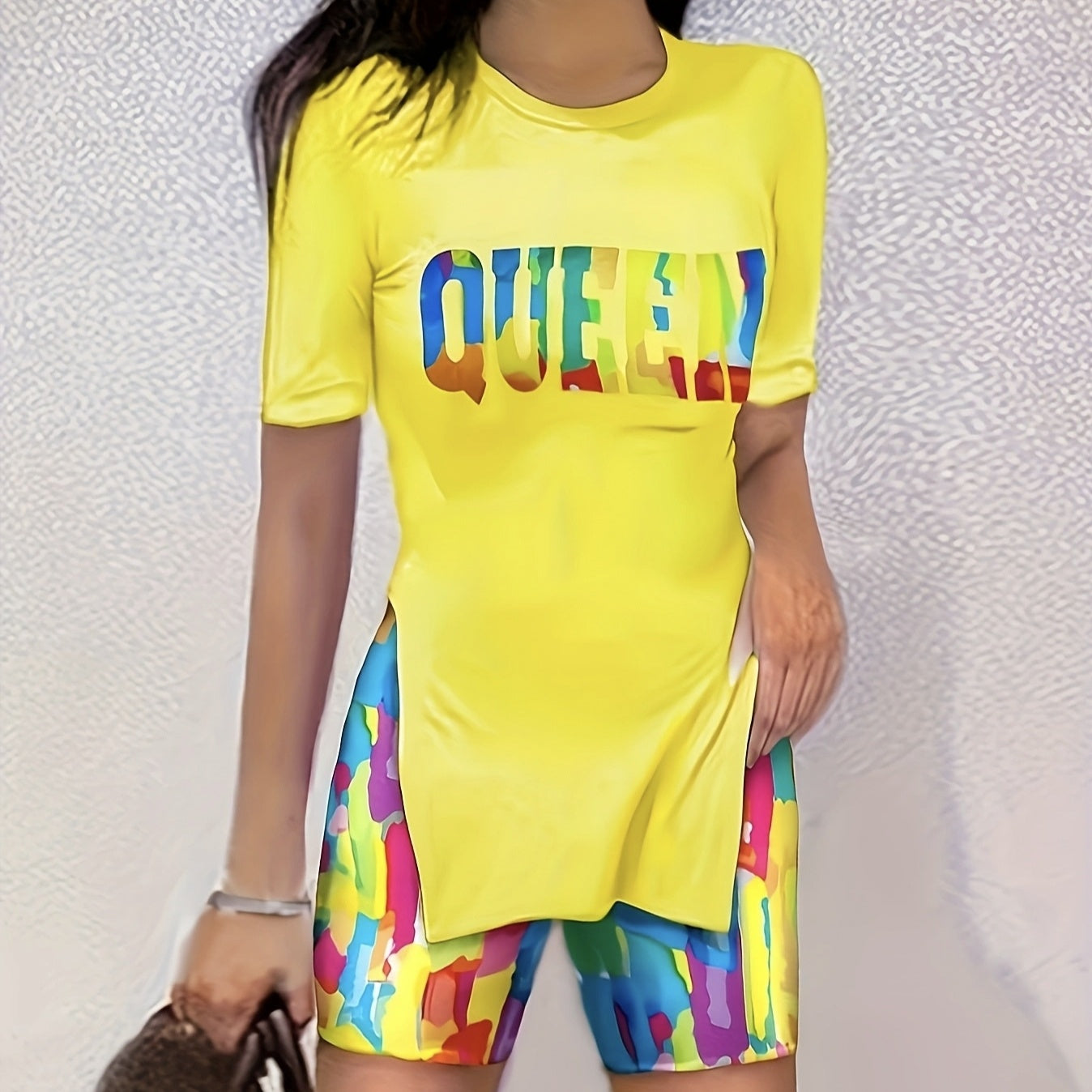 Ladies' Round Neck Printed Fashion Trend Versatile Elastic Breathable Pants Show Off Figure Top Shorts Two-piece Set