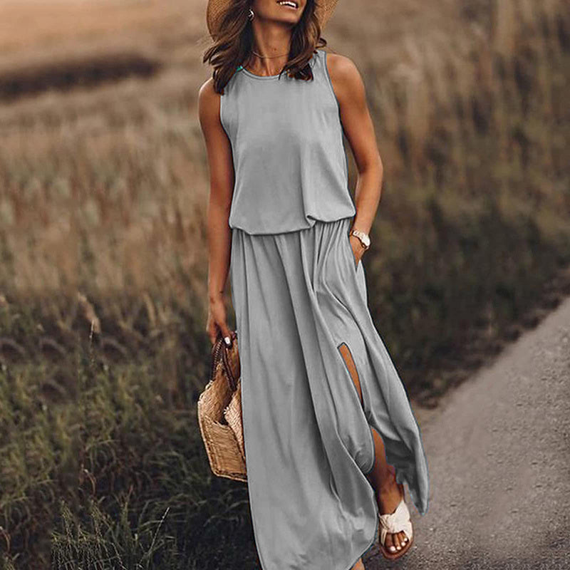 Women's Maxi Dress Summer Sleeveless Crewneck Sundress Casual Loose Long Dresses With Pockets