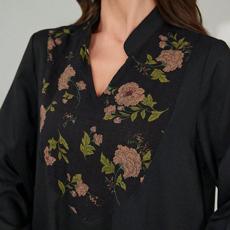 Women's Plus Size Elegant Summer Bohemian Floral Maxi Dress Middle Eastern Patchwork Black Long Dress