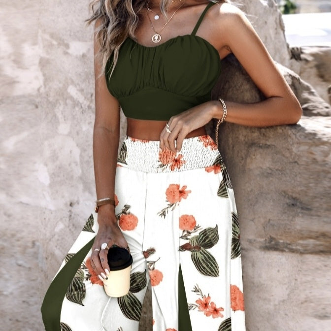 Women's New Solid Color Sexy Top Fashionable Flower Print Contrasting Pants Vacation Two-piece Pants Set