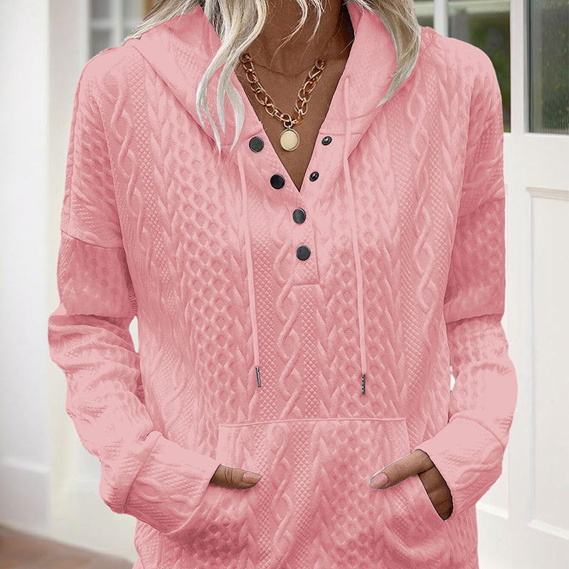 Women's V-Neck Solid Textured Long Sleeve Hoodie With Button Front & Kangaroo Pocket - Drawstring Hood Casual Pullover