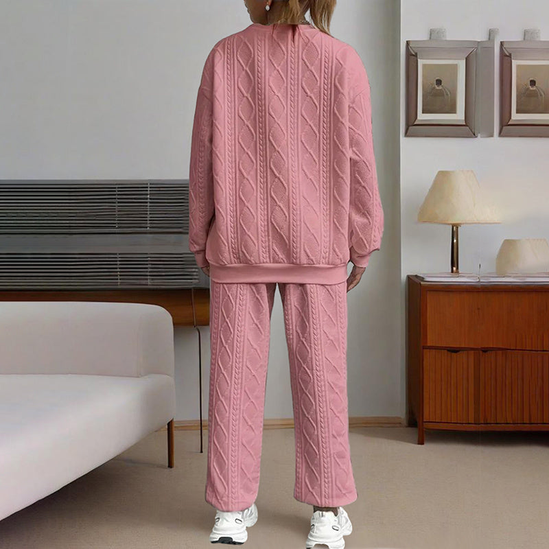 Women's Solid Color Long Sleeve Round Neck Top & Cuffed Pants Set - Ribbed Trim, Minimalist Casual Loungewear For Fall&Winter