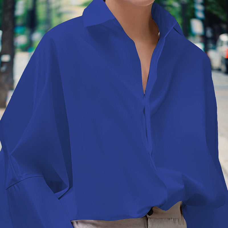 Women's Solid Color Fashion V-Neck Blouse - Puff Sleeve Button-Down Long-sleeved Shirts For Spring & Fall