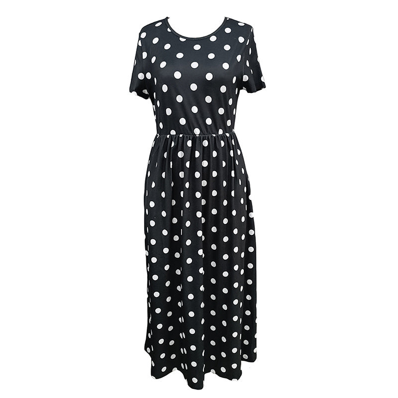 Women's Summer Short Sleeve Polka Dot Print Long Dresses Casual Beach Sundress With Pockets