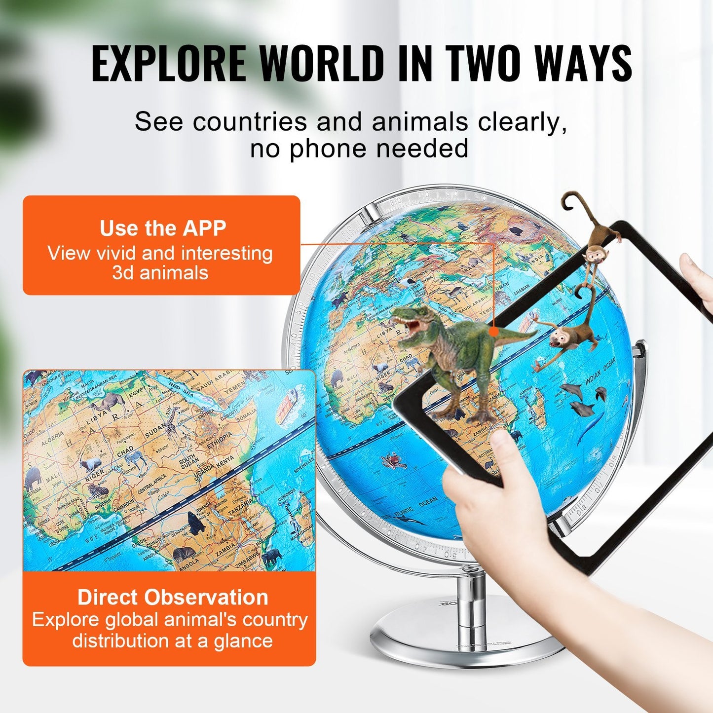 VEVOR Educational Globe For Kids, Interactive AR World Globe With AR Golden Globe APP LED Night Lighting , STEM Toy Gifts For Kids Compatible With Android Or IOS Devices