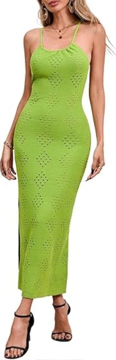 Fisoew Womens Crochet Swimsuit Cover Up Sleeveless Halter Neck Sexy Bodycon Backless Summer Knit Beach Vacation Maxi Dress