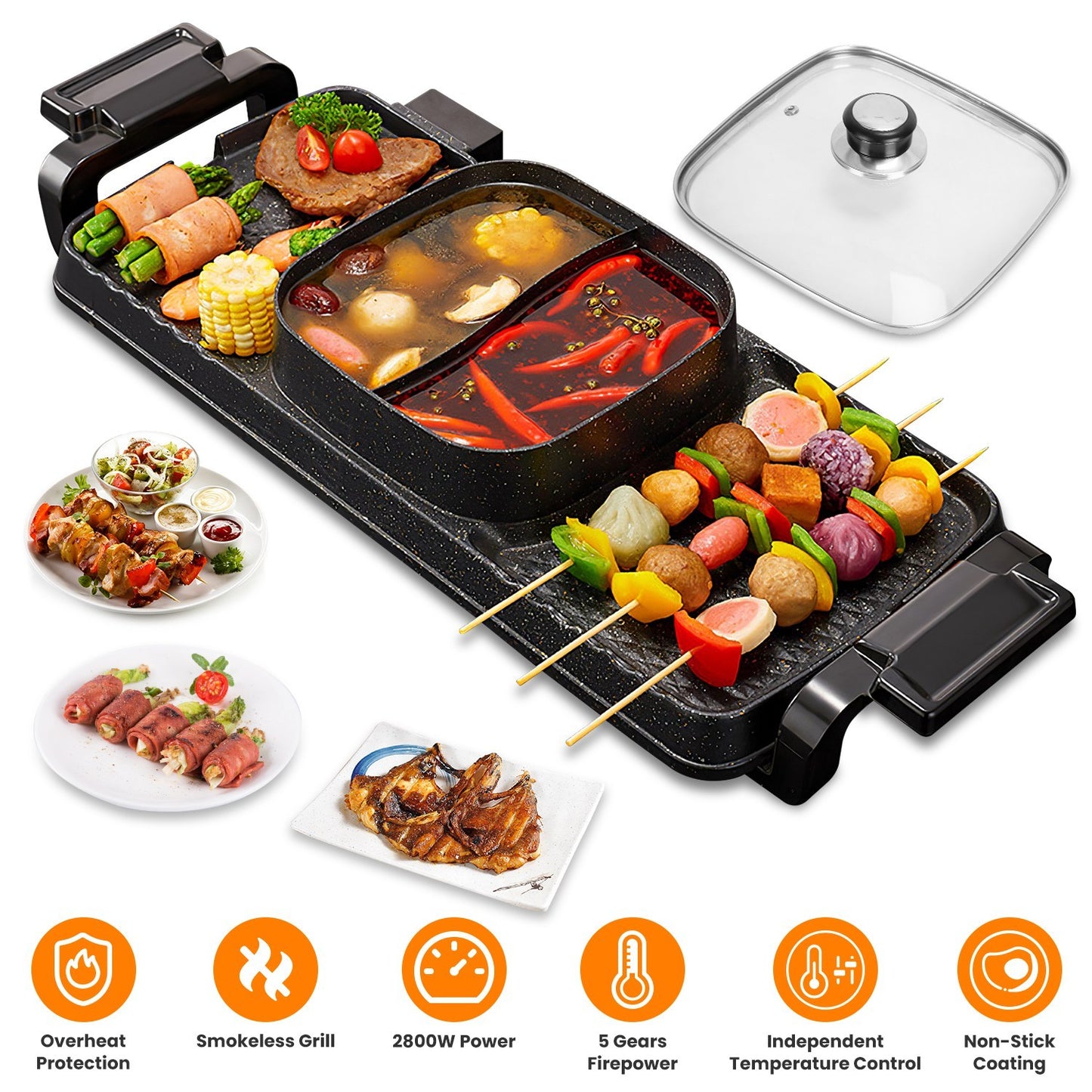 2 In 1 Electric Hot Pot With Grill 2800W Smokeless Non-Stick Korean BBQ Grill Shabu Shabu Hot Pot Combo With Independent Temperature Control 5 Gears Firepower For 3-10 People