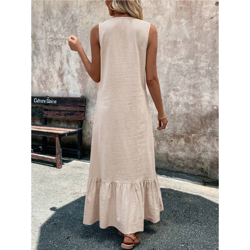 Women's Elegant Casual Summer Dress - V-Neck Sleeveless Ruffled Vacation Long Dress With Pleated Hem
