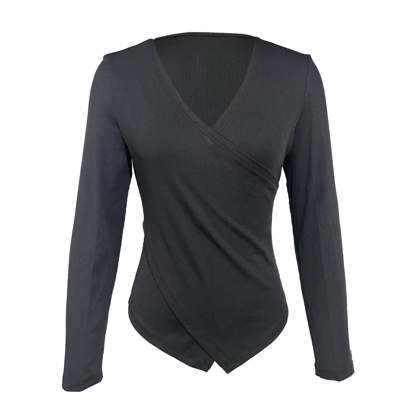 Ladies' Fashionable Solid Color Premium Cross V-neck Sexy Elegant Long Sleeved T-shirt Top
