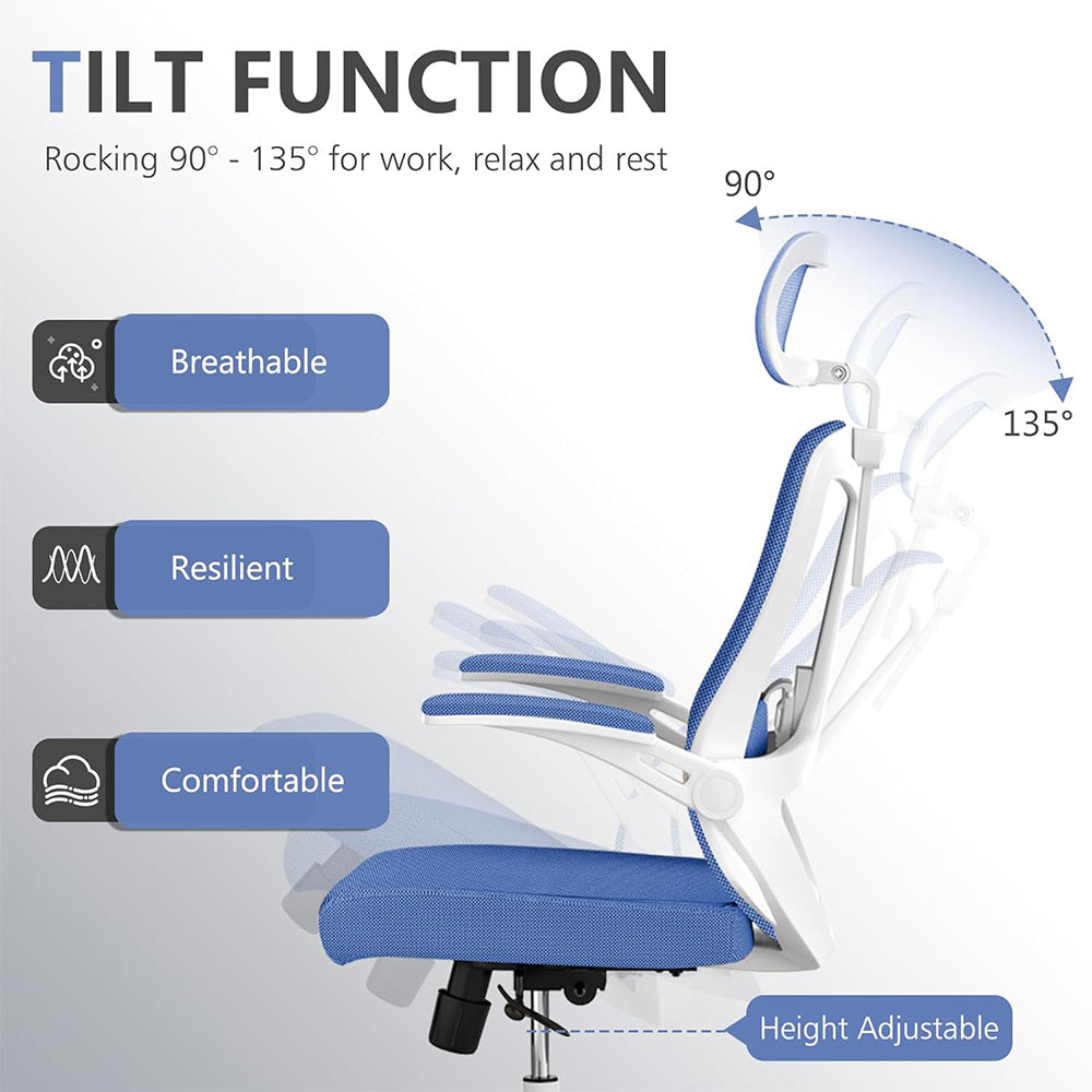 Ergonomic Office Chair, High Back Computer Desk Chair Comfortable Lumbar Support - Home Office Swivel Mesh Chair With Adjustable Headrest And Backrest, Flip Armrests,PU Mute Roller, Blue