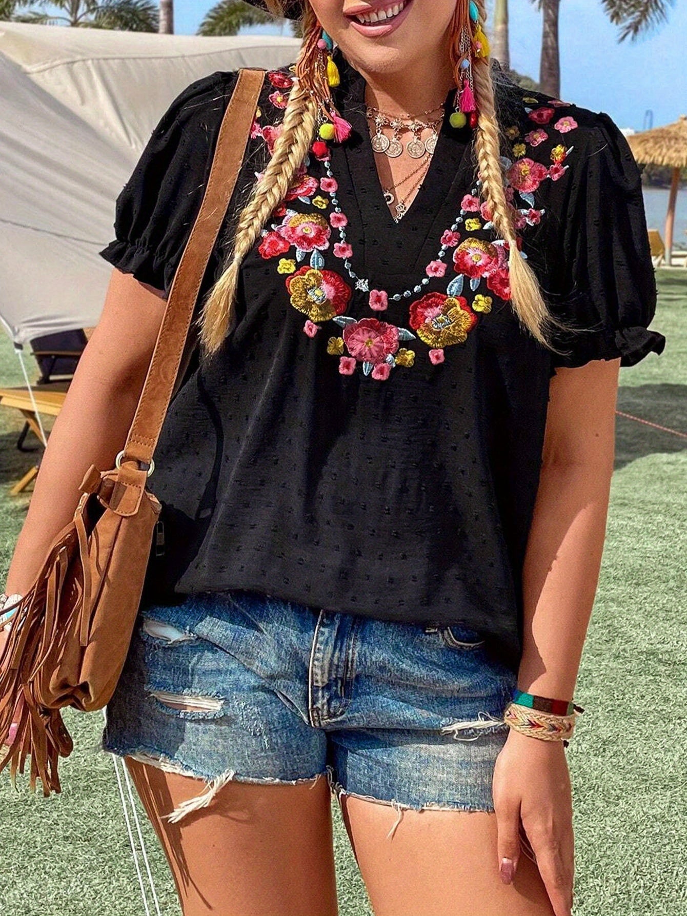 Women's Plus Size Floral Embroidery Summer Casual Short Sleeve V-Neck Swiss Dot Blouse Top