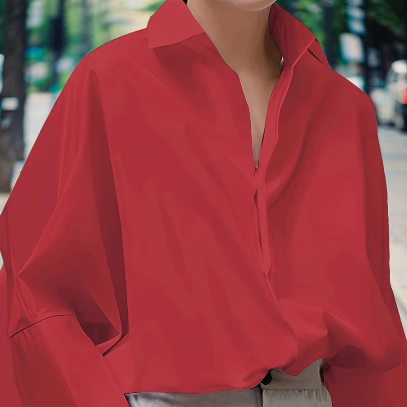 Women's Solid Color Fashion V-Neck Blouse - Puff Sleeve Button-Down Long-sleeved Shirts For Spring & Fall