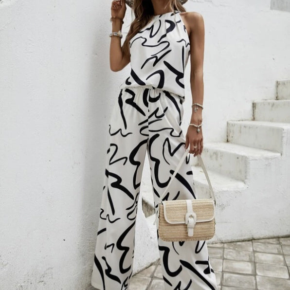 Ladies' Printed Sleeveless Fashionable Casual Pants Set