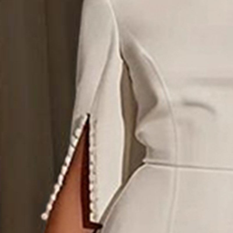 Women's Solid Color Pearl-Embellished Round Neck Dress - Elegant Back Zipper & Slit Sleeve Formal Dress