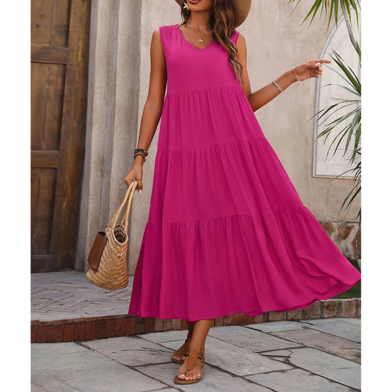 Women's Summer Casual Sleeveless V Neck Swing Dress Flowy Tiered Maxi Beach Dress