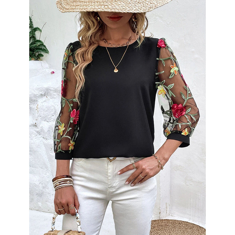 Women's Floral Embroidery Contrast Mesh Puff Sleeve Crew Neck Tee Shirt Tops
