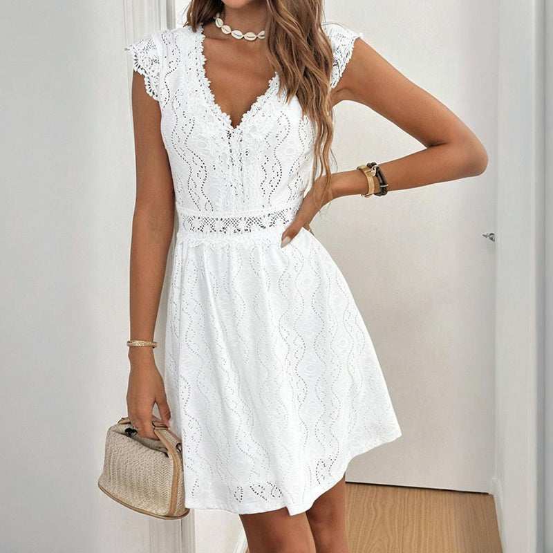 Women's V-Neck Solid Color Short Sleeve Dress With Lace Trim - Summer Sexy Vacation Dress