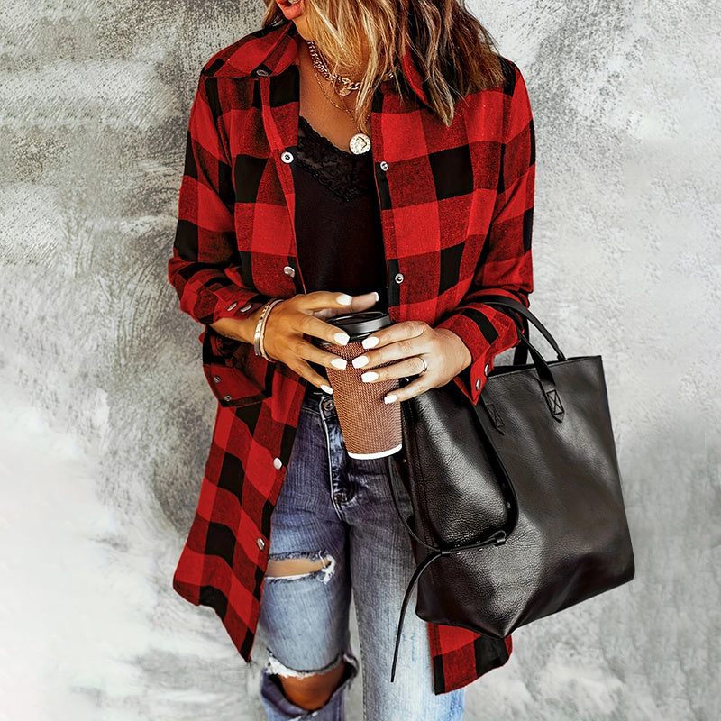 Women's Long Sleeve Plaid Print Button Front Casual Shirt For Spring & Fall