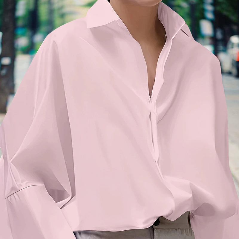 Women's Solid Color Fashion V-Neck Blouse - Puff Sleeve Button-Down Long-sleeved Shirts For Spring & Fall