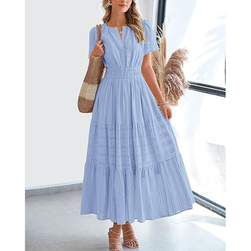 Women's Summer Short Sleeve V Neck Swing Dress Flowy Pleated Tiered Maxi Beach Sundress With Pockets