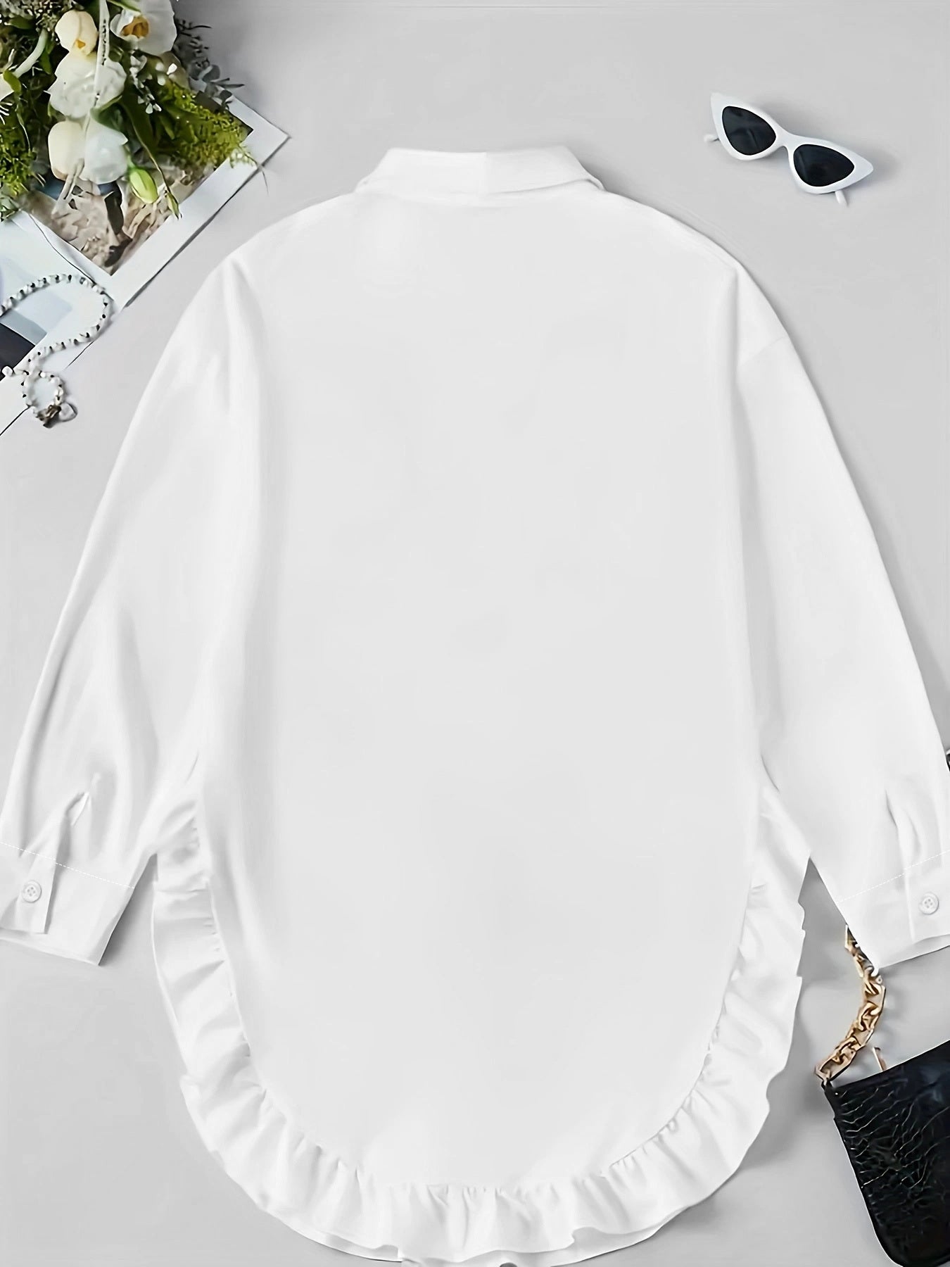 Women's Plus Size Casual Shirt With Ruffle Hem, Solid Color, Woven Polyester, Non-Stretch, Pointed Collar, Button Front, For All Seasons