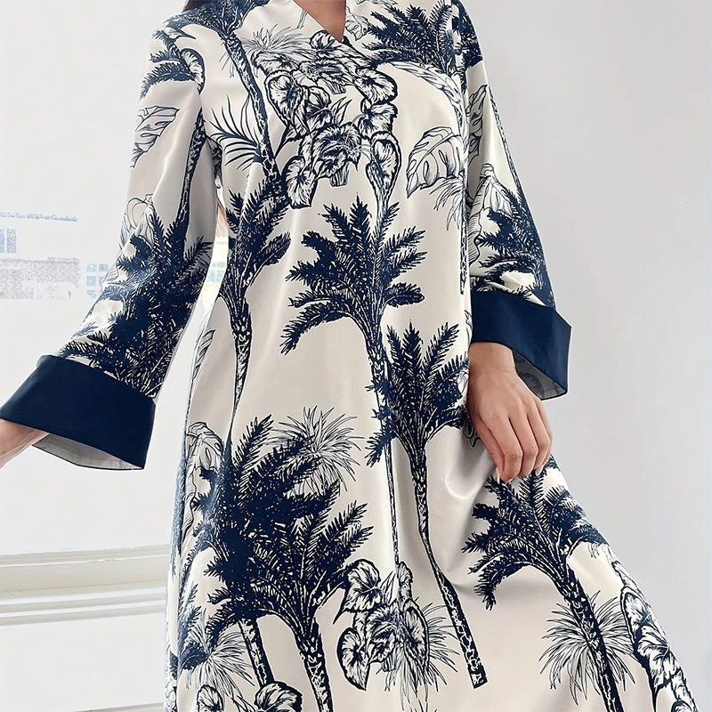 Women's Plus Size Elegant Floral Ink Painting Casual Tunic Dress Notched V Neck Long Sleeve Maxi Dress