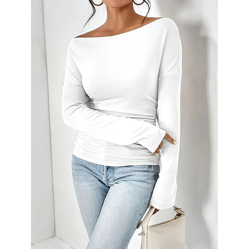Women's Off The Shoulder Tops Long Sleeve T Shirts Going Out Tops Casual Trendy Ruched Slim Fitted Tees