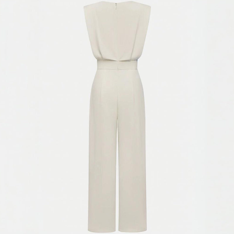 Women's Solid Color Round Neck Short Sleeve Wide-Leg Jumpsuit With Waist Design & Pockets Casual Romper For Spring&Summer