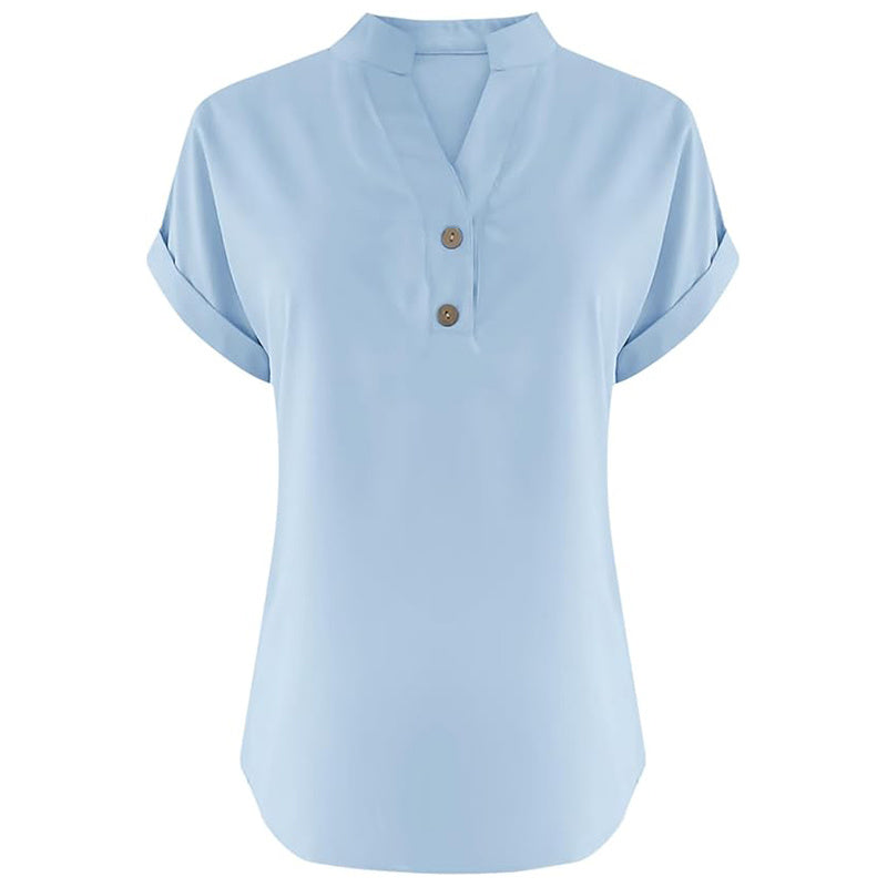 Women's Solid Color V-Neck Short Sleeve Blouse Button Detail, Summer Casual & Work T-Shirt