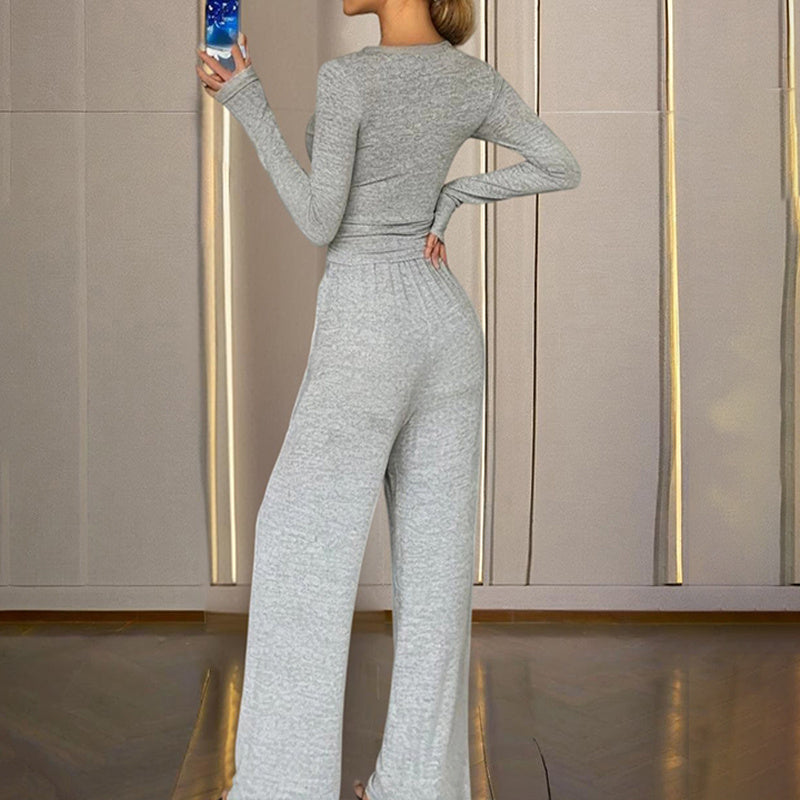 Women's Solid Color Fall&Winter Pants Set - Sexy V-Neck Button-Up Fitted Long Sleeve T-Shirt & High-Waist Flared Wide-Leg Stretchy Pants