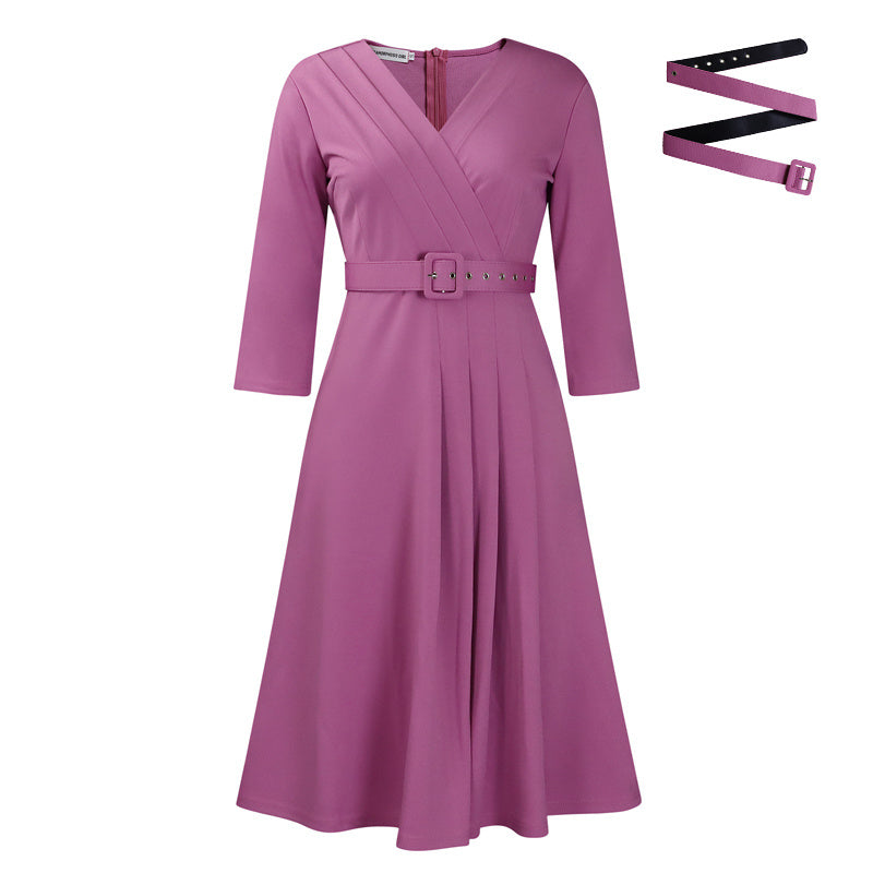 Women's Elegant V-Neck Cross-Wrap A-Line Dress With Belt & Ruffled Hem - Office & Casual Solid Dress For Spring&Summer