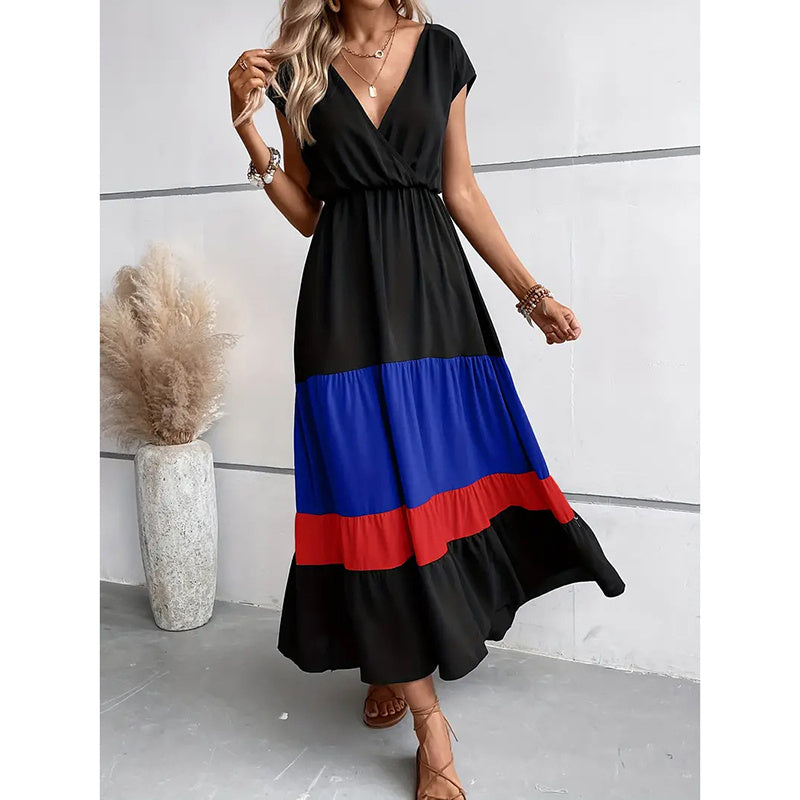 Women's Color Block Maxi Dresses V Neck Sleeveless Tiered Casual Dresses Loose Sundress