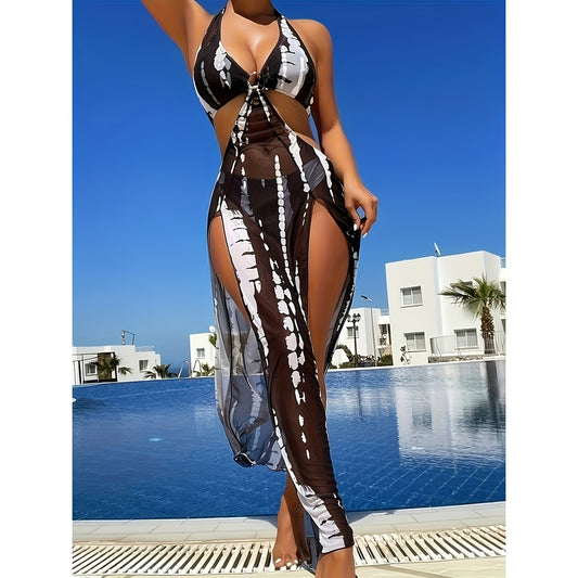 European And American Women's Swimsuit Sunscreen Bikini Three Piece Set Striped Printed Mesh Beach Vacation Sunscreen Swimsuit Women