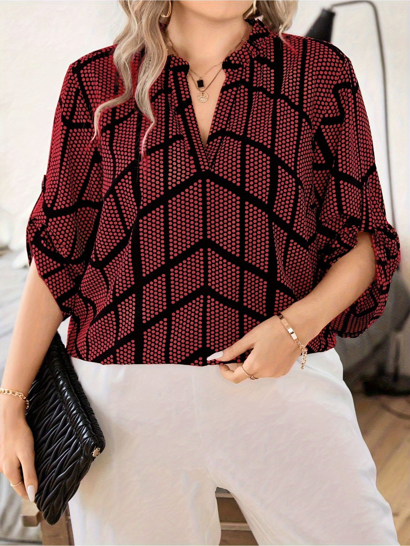 Women's Plus Size Summer Dot Print V-Neck Elbow Sleeve Blouse - Resort Casual Work Top