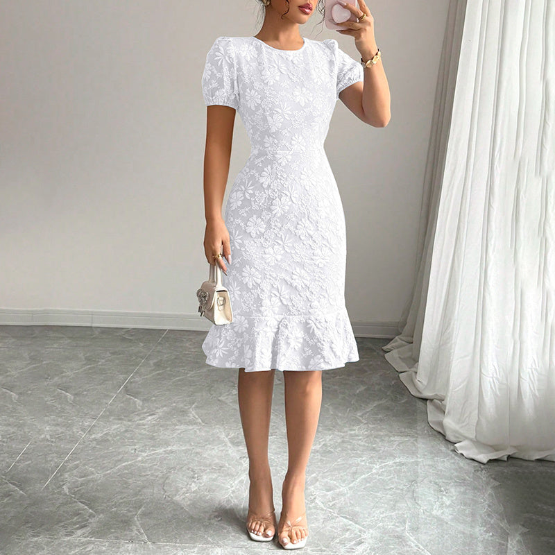 Women's Floral Jacquard Dress Women's Short Puff Sleeve Crew Neck Ruffle Hem Bodycon Dresses
