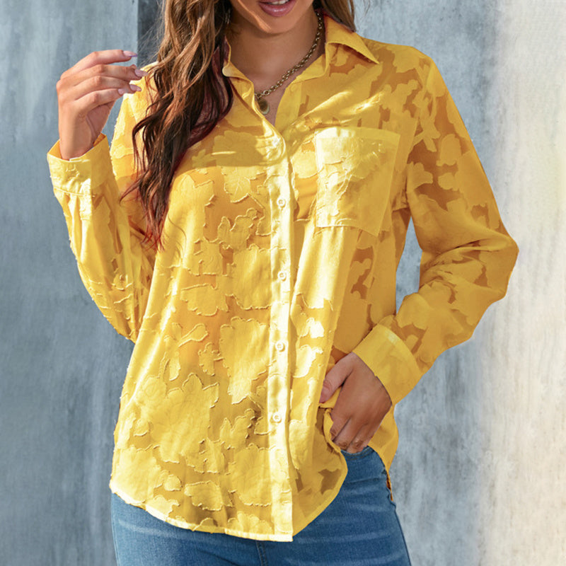 Womens Casual Sheer Button Down Shirts Long Sleeve V Neck Jacquard Blouses Tops