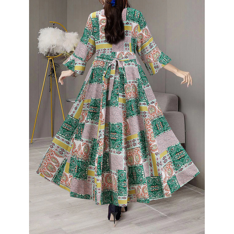 Women's Boho Maxi Dress 3 4 Sleeve V Neck Floral Embroidered Elegant A-Line Dress
