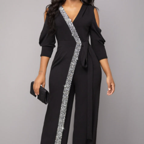 Women's Fashion Belt V-neck Long Sleeved Wide Leg Pants Jumpsuit