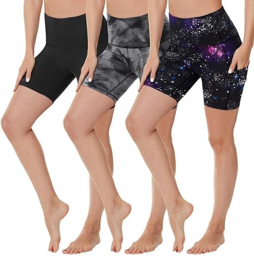 Yoga Pants - 3 Pairs Of Three-point High Waist Black, Black Tie-dye, Blue And Purple Starry Sky