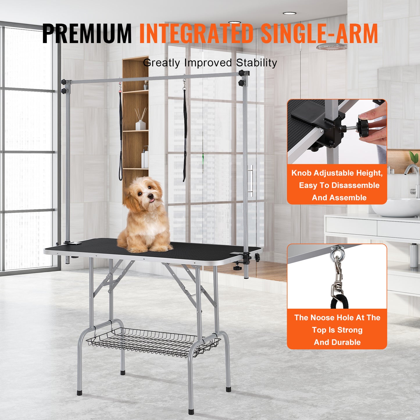 VEVOR Pet Grooming Table Two Arms With Clamp, 46'' Dog Grooming Station, Foldable Pets Grooming Stand For Medium And Small Dogs, Free No Sit Haunch Holder With Grooming Loop, Bearing 330lbs