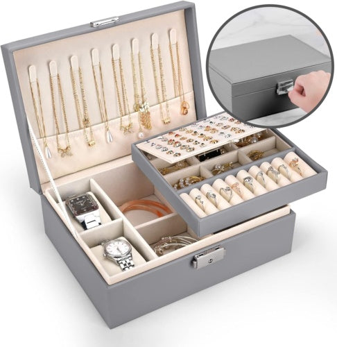 2 Layer Grey Jewellery Box Organizer Rings Necklaces Jewellry Storage Case Box