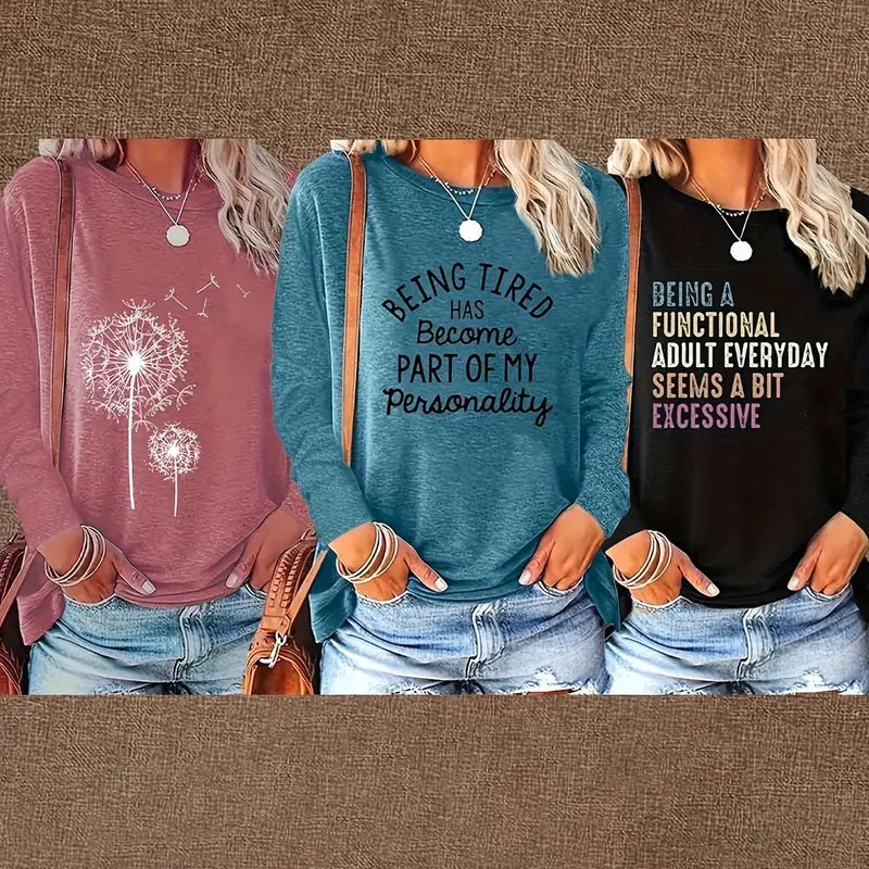Women's 3 Packs Graphic Long Sleeve T Shirts Letter Print Tees Casual Crewneck Tunic Tops