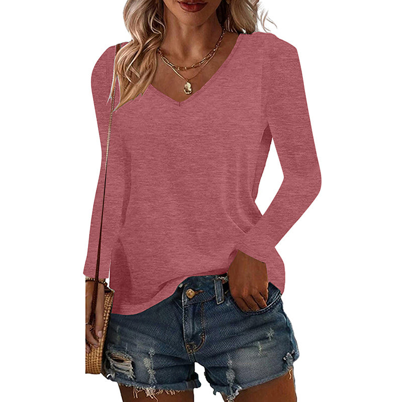 6 Pack Women's Long Sleeve T-Shirts, Loose Fit V Neck Tunic Tops Casual Solid Basic Tee Shirts