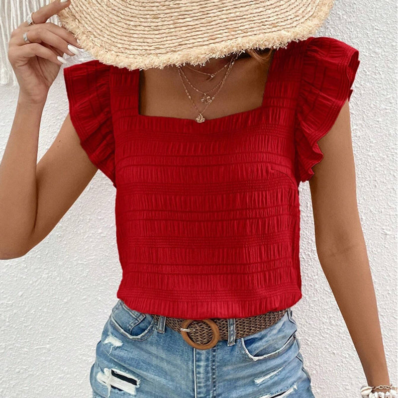 Women's Square Neck Ruffled Sleeve Short-Sleeve Blouse Vacation Casual Summer Top