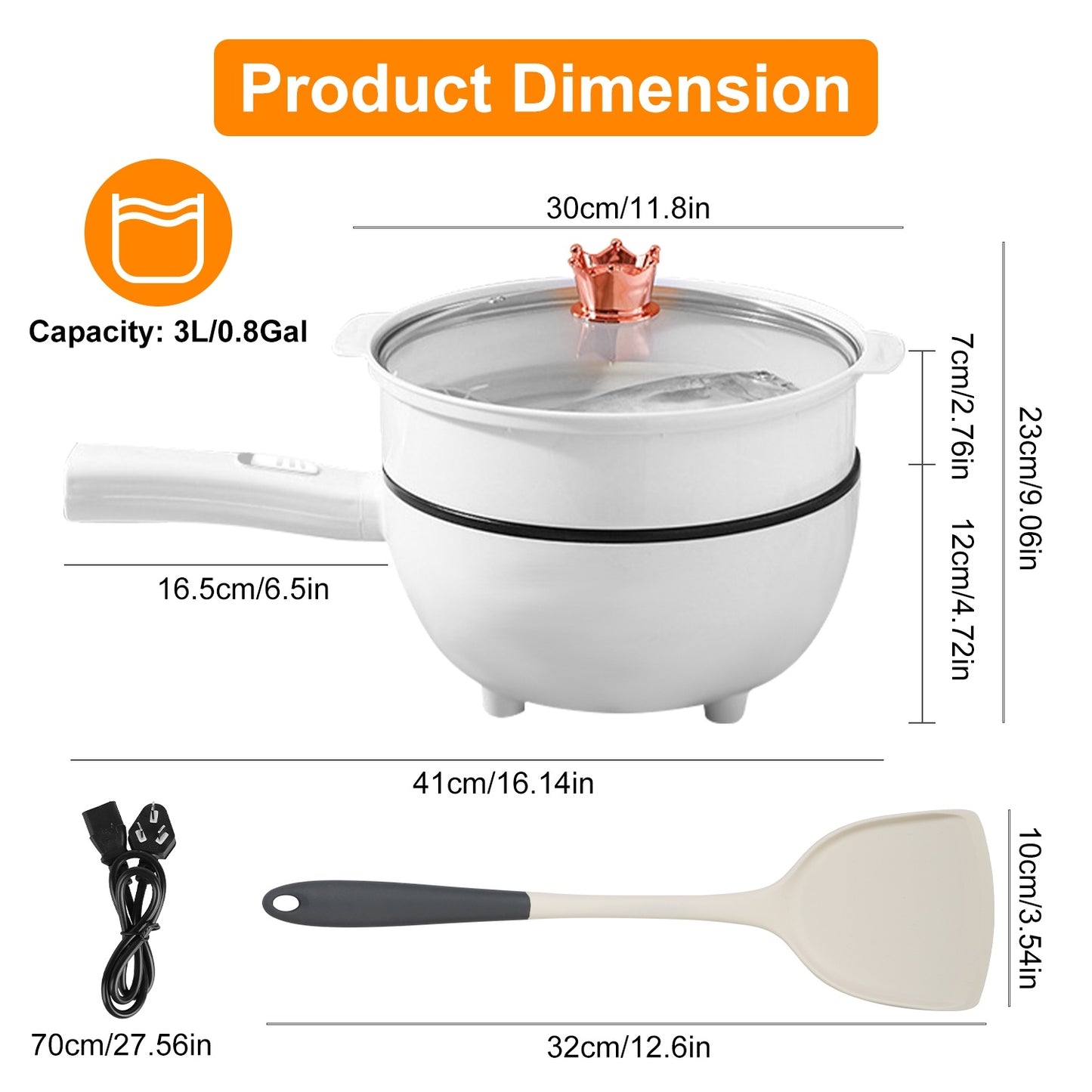 Electric Hot Pot Non-Stick Frying Pan Portable Rapid Noodles Cooker With Long Handle Steamer Spatula Dual Power Control Overheat Dry-Boil Protection For College Dorm Room Essential